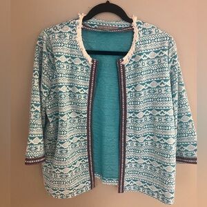 Valerie Stevens Teal and White Patterned Open Cardigan Sz L